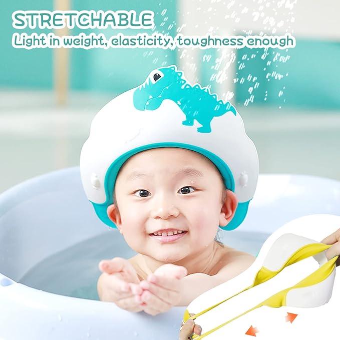 Shower Cap for Kids, Baby Toddler Hair Washing Shield, Visor Hat for Eyes and Ears Protection for 0-9 Years Old Children, Cute shape Shampoo Cap Makes the Baby Bath More Fun (Dinosaur, Blue)