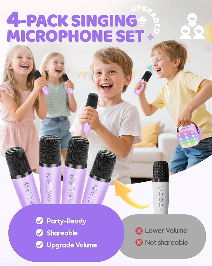 YLL Mini Karaoke Machine for Kids Adults: Portable Loud Speaker with 4 Wireless Microphones -Most Popular Birthday Party Gifts for Girls Boys 3, 4, 5, 6, 7, 8, 9, 10+ Year Old Toys(Purple)