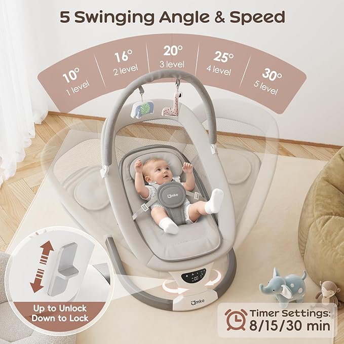AMKE Baby Swing for Infants with Spacious & Breathable Mesh Seat - 5-Point Harness, Portable Swing Rocker, 5 Sway Speeds & 3 Timer, 12 Lullabies for Newborn Max 20 Lbs