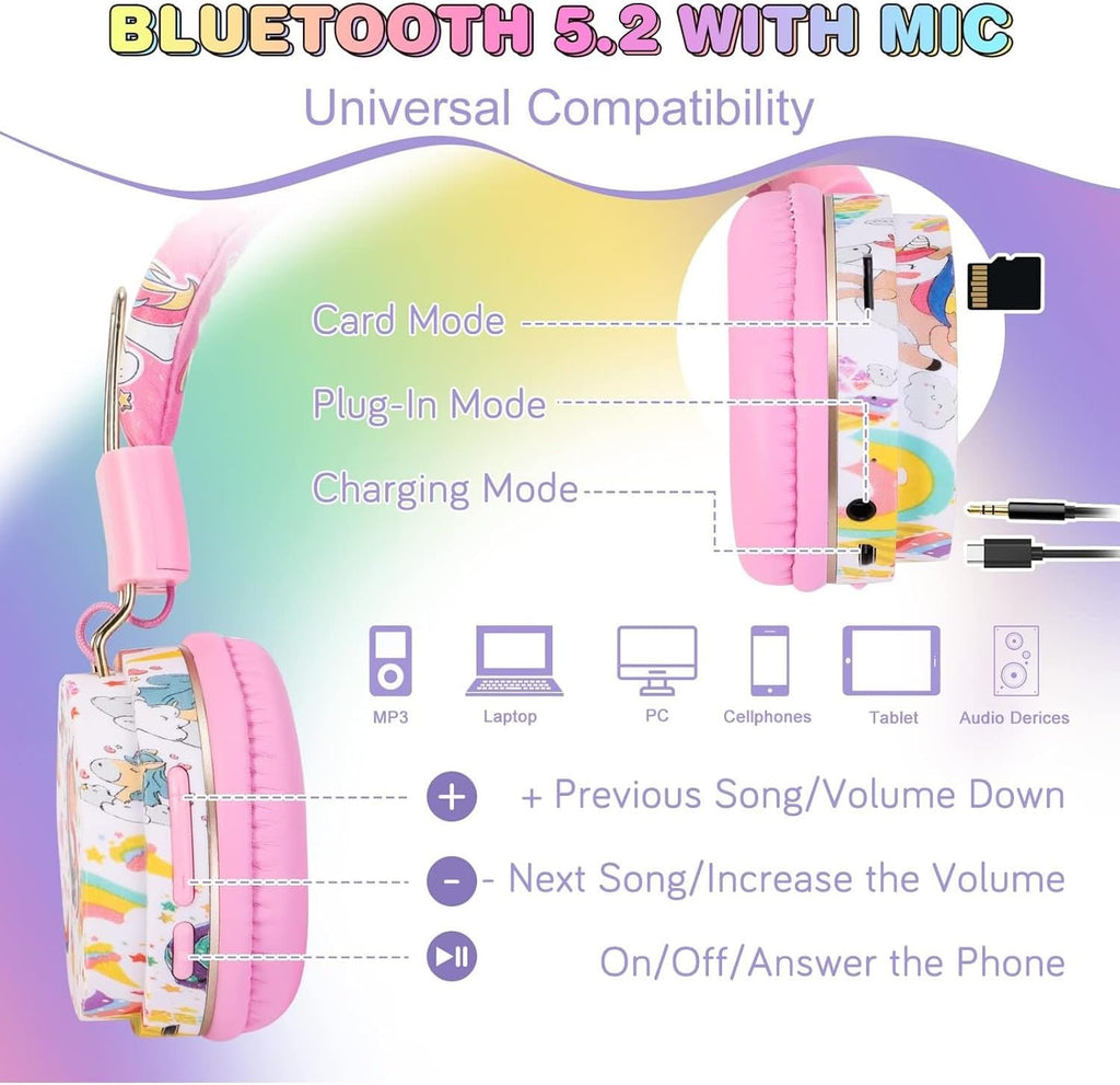 QearFun Unicorn Bluetooth Headphones for Girls - with Microphone & 3.5mm Jack, Adjustable Headband for Kids Teens Toddlers, School iPad Tablet PC Smartphones Compatible (Pink)
