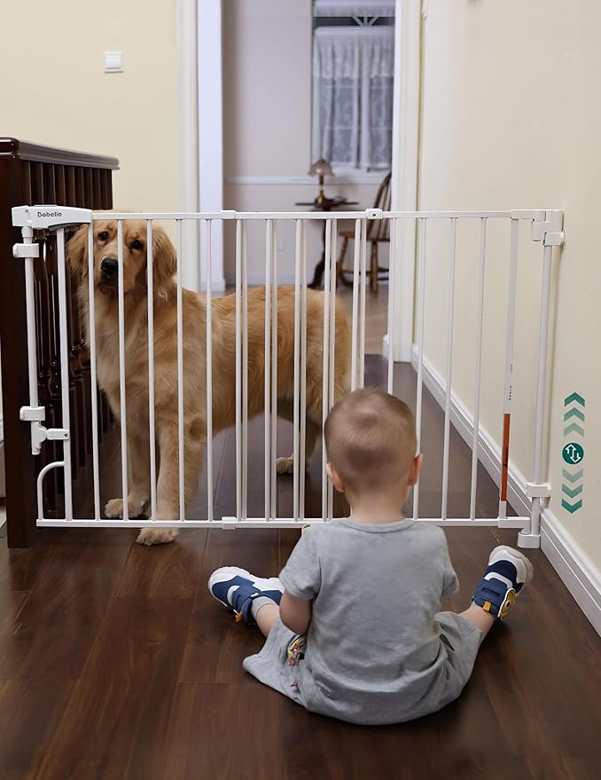 Babelio No Bottom Bar & Easy to Remove Baby Gate, 35.5-55" Extra Wide Hardware Mounted (Drill Needed)| Wide Walk-Thru| Auto-Close Safety Dog/Pet Gate for Stairs & Doorways (White, 35.5-55" W, 30" H)