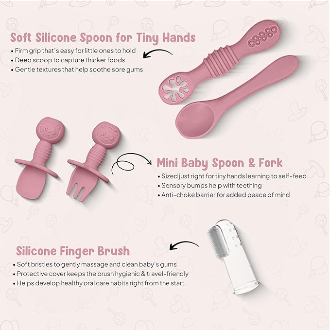 o'doe 11-Piece BPA-Free Silicone Baby Feeding Set | Thick & Soft Suction Plates, Baby Bowls, Wooden Fork & Spoon, and More | Make Mealtime Fun and Easy for Your Little One (Rose, V1)