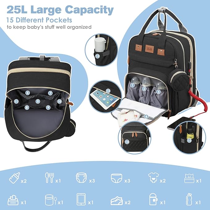 Diaper Bag Backpack, Large Diaper Bag with Changing Station, Baby Bag, New Mom Gifts, Lightweight Waterproof Unisex Diaper Bag with Insulated Pockets and USB Charging Port, Black