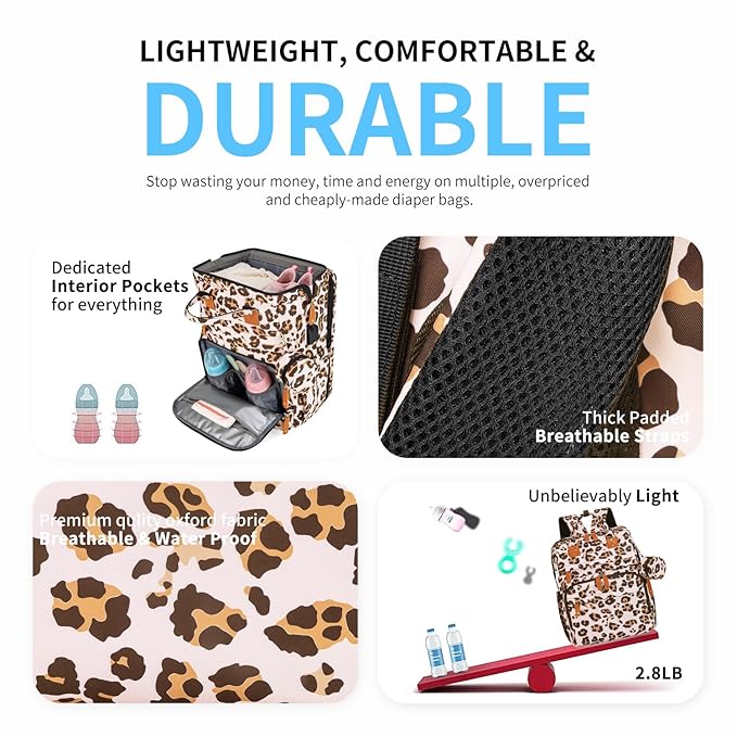 KABAQOO Diaper Bag Backpack with Detachable Changing Station, Large Capacity Baby Diaper Bags for Boys & Girls, Baby Registry Search Stuff & Shower Gifts, Newborn Essentials Must Haves, Leopard Print