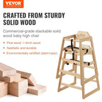 VEVOR Wooden High Chair for Babies & Toddlers, Double Solid Wood Feeding Chair, Eat & Grow Portable High Chair, Easy to Clean Baby Booster Seat, Compact Toddler Chair, Natural