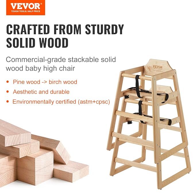 VEVOR Wooden High Chair for Babies & Toddlers, Double Solid Wood Feeding Chair, Eat & Grow Portable High Chair, Easy to Clean Baby Booster Seat, Compact Toddler Chair, Natural