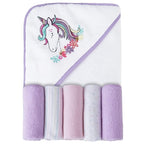 Viviland Baby Towels and Washcloths, Soft Absorbent Purple Baby Bath Towel Set, Unicorn Hooded Towels with 5 Infant Face Washcloths (6 Pieces)