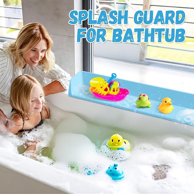 Splash Guard for Bathtub Kids - Silicone Bathtub Splash Guard with 11 Suction Cups, Bath Tub Play Shelf for Kids & Toy Holder, Prevent Water Spill in Bathroom, Fun Bath Time for Toddlers Baby, Blue