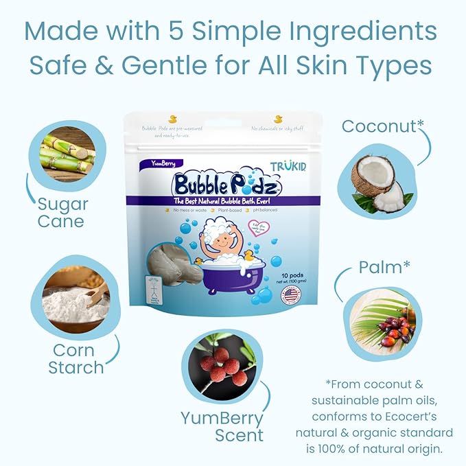 TruKid Bubble Podz Bubble Bath for Kids, Toddlers, & Babies, Tear Free Gentle & Refreshing Bath Bomb for Sensitive Skin with Natural Moisturizers, Non-Toxic, pH Balanced, Yumberry Scent (10 Podz)