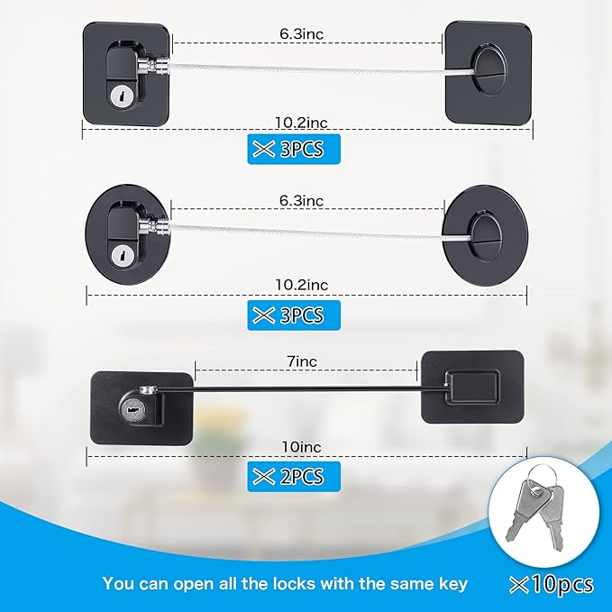 8 Pieces Refrigerator Locks for Children Adults with 10 Keys, Fridge Lock, Freezer Door Safety Cabinet Lock and Child Safety Cabinet Locks with Strong Adhesive (Black)