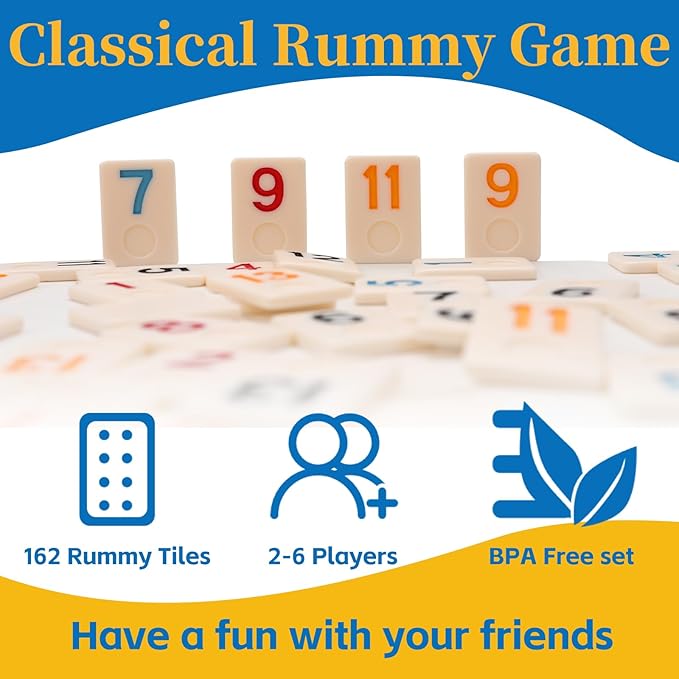 Upgraded Rummy Cube Game Set 6 Plays with 6 Wooden Holders and 162 Rummy Tiles, Travel and Family Board Game for Adults and Kids