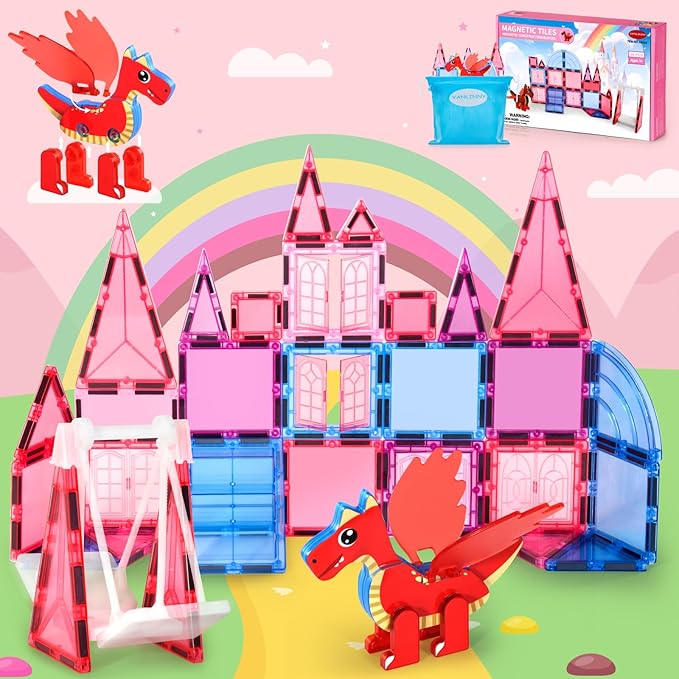 Magnetic Tiles for Kids Age 4-8 with Dragon, 36 Piece Princess Castle Magnet Tiles for Girls, Movable Dragon Toys for 3+, Creative Magnetic Construction Building Set for Class, Xmas Gift for Grandkids