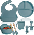 Bluet B- Silicone Baby Feeding Set - Baby Led Weaning Supplies - Baby Spoons, Suction Bowl - Plate - Baby Utensils - Silicone Feeding Set for Baby First Foods, Infant Eating - 8pcs - Blue