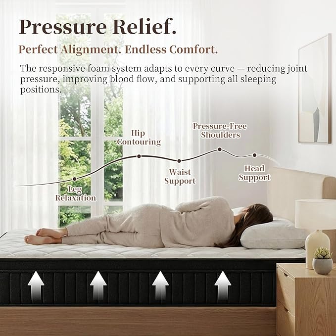 12 Inch Queen Mattress, Queen Size Memory Foam Mattress & Pocketed Coils, Medium Support for Pressure Relief & Motion Isolation, Fiberglass Free, Certified Safe Materials, Mattress in A Box