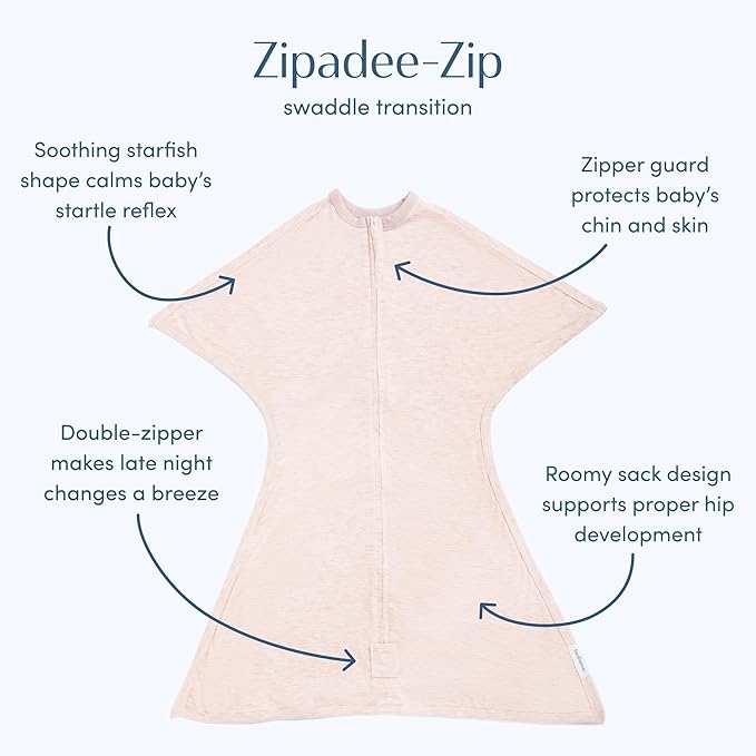 SleepingBaby Zipadee-Zip Transition Swaddle - Cozy Baby Swaddling Blanket with Zipper Convenience - Roomy Wearable Blanket for Easy Diaper Changes - 4-8 Month - Ballet Pink Heather