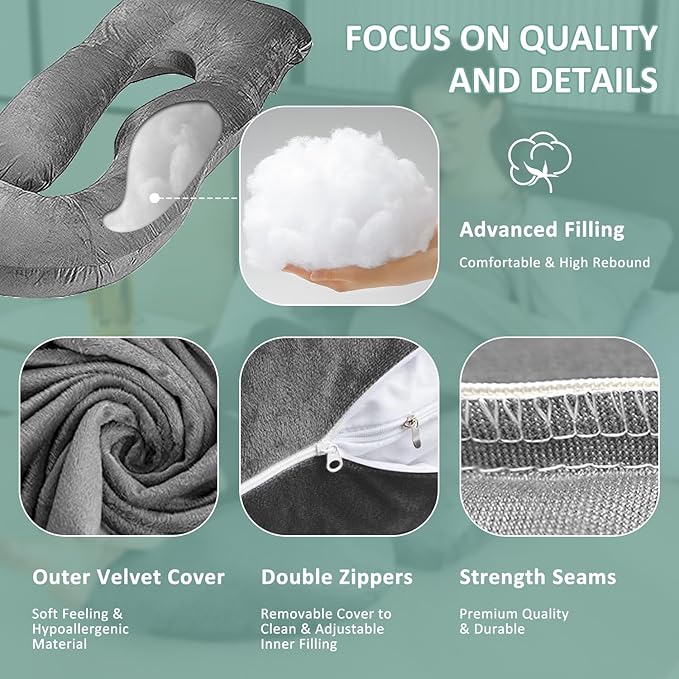 Chilling Home Pregnancy Pillow, U Shaped Pregnancy Pillows for Sleeping Full Body Pillow Maternity Pillow for Pregnant Women 58 inch, Pregnant Women Must Have with Removable Cover, Black