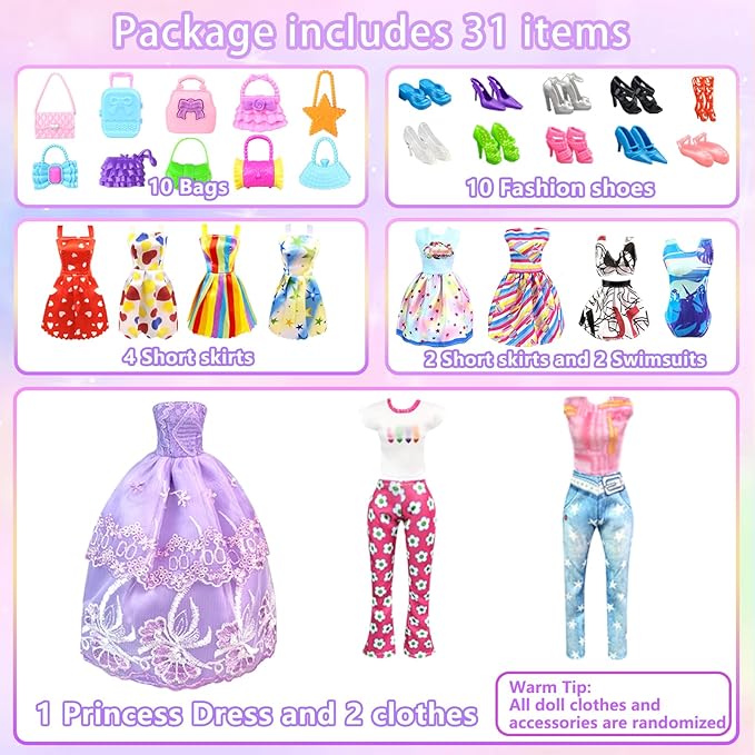 Doll Clothes and Accessories for 11.5 Inch Doll Dress Up Set with 1 Wedding Gown Dress 2 Fashion Dresses 4 Mini Dresses 2 Tops and Pants Outfits Swimsuits 10 Shoes 10 Bags Toys Gift for Girls