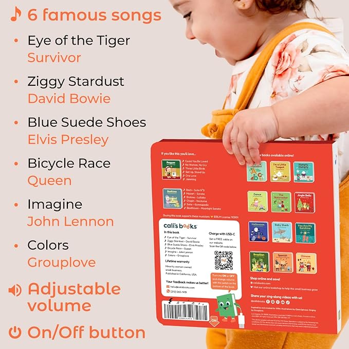 Cali's Books Rock Music Books for Toddlers 1-3 - Singing Button Sound Board Book for 2 Year Old Children, Musical Toddler Rock Songs Toys, 18 Month Interactive Learning Toy, USB-C Rechargeable