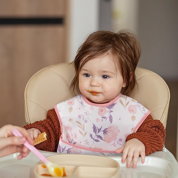 Mess Proof Baby Bib 3 Pack, Waterproof Led Weaning Baby Feeding Bibs with Food Catcher, Travel Feeding Bibs