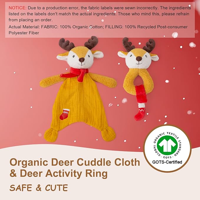 Organic Cotton Stuffed Animal Rattle Baby Toys, Plush Deer Cuddle Cloth and Hand Grip Ring Rattles Plush Toy Set for Newborns Infant Boys Girls, 2 PCS