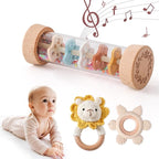 Youuys Wooden Baby Rattle Set (3pcs) - Crochet Rattle Rain Stick Teething Toys, Wooden Montessori Toy for Newborn Infant Baby Rattles Set Toys 3-6-12 Months(Lion)