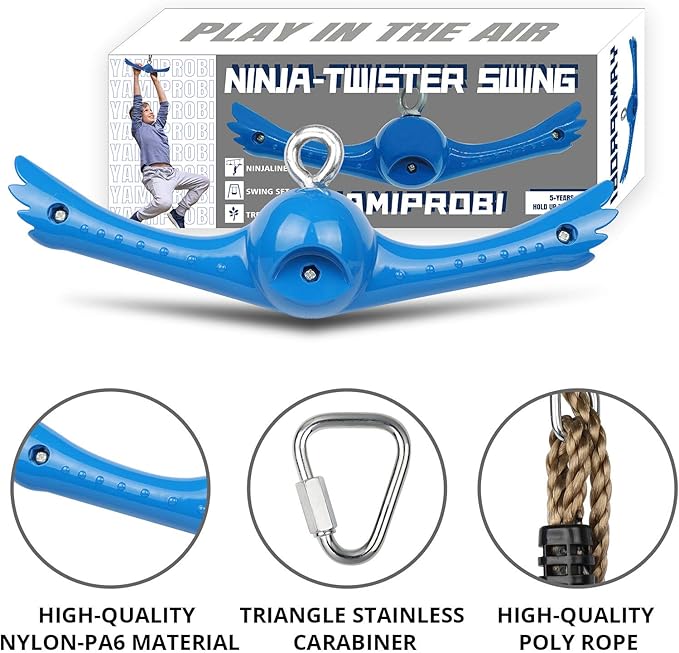 Ninja-Twister Swing Spins Set: Slackline Attachments - 360° Handle Twist-Spin Flips Toy Activate Ninja Powers Warrior Accessories Kids Hang Toys for Playground Backyard Blue