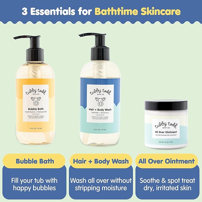 TUBBY TODD Essentials Baby Bath Gift Set – 8.5oz Hair+Body Wash, 8.5oz Bubble Bath & 3.5oz All Over Ointment