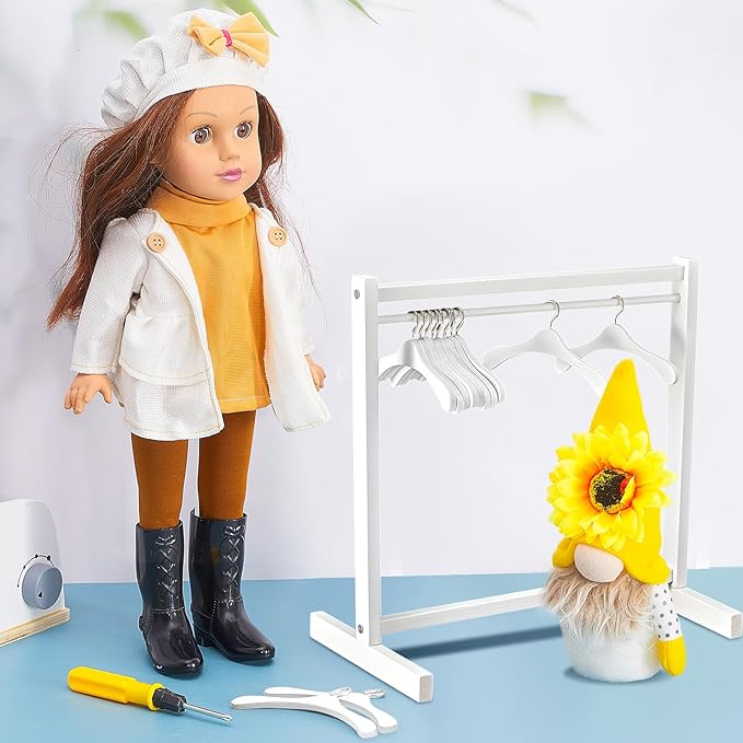 Civaner 11 Pcs Doll Garment Rack with Wooden Clothes Hanger for 18 Inch Girl Doll Clothes Mini Hangers Wardrobe Furniture Accessories for Dollhouse Baby Shower Supplies (White)
