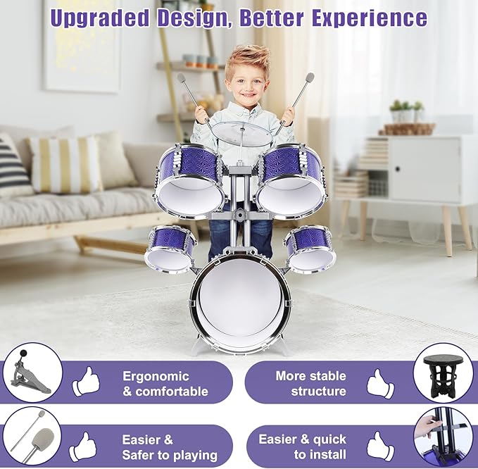 M SANMERSEN Kids Toys Jazz Drum Set - Upgraded Rock Drum Kit with Stool Musical Instruments Educational Birthday Christmas Toys Gifts for Toddlers Child Boys Girls Aged 3 4 5 6 7 8 Year Old