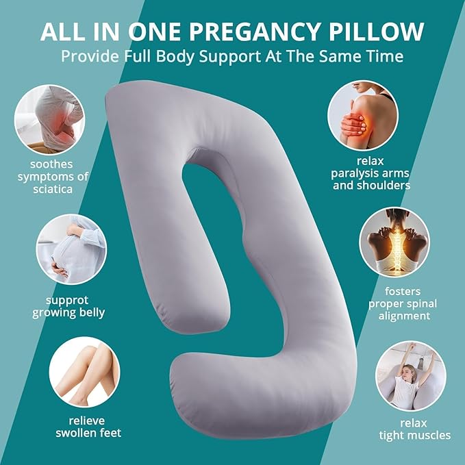 Sasttie Pregnancy Pillows for Sleeping, U Shaped Cooling Full Body Pillow with Removable Cover, Pregnant Women Must Haves, Maternity Essential, Light Grey