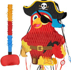 WERNNSAI Foldable Pirate Pinata - Extendable Pirate Parrot Pinata with Blindfold Bat and Tassels for Boys Pirate Birthday Party Supplies Caribbean Piñata Adventure Party Decorations 16.4” x 12.4”