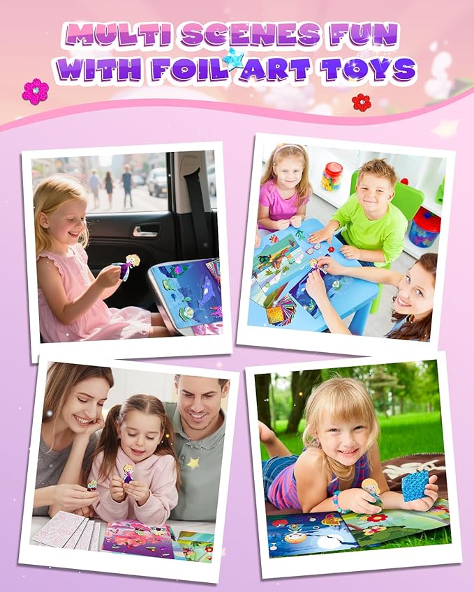 Baobrava Foil Art Fun Kit for Kids - DIY Toy Unicorn Princess Foil Art Craft Activity for Kids, Foam Stickers Fun Craft Kits & Supplies, Creative Christmas Birthday Gifts Travel Toys for 4 and Up