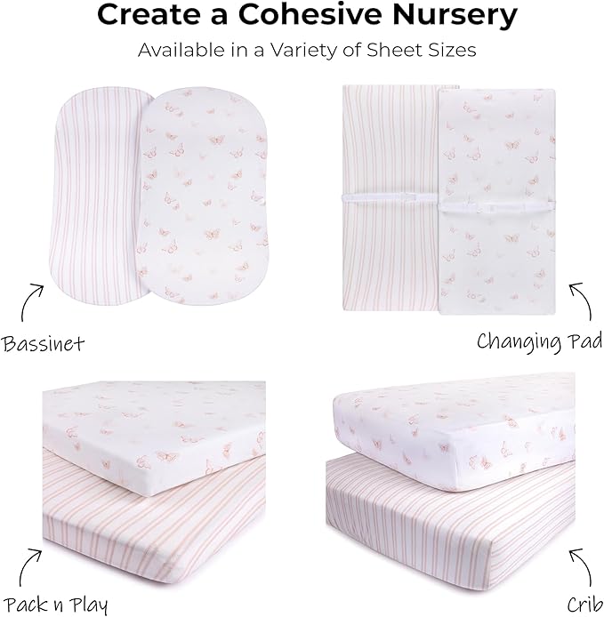 Ely’s & Co. Changing Pad Cover, Diaper Changing Table Sheets, 2 Pack, Cradle Sheet Set for Baby Girls, 100% Jersey Knit Cotton, 32”x16”x5” Pink Butterfly + Stripe Collection
