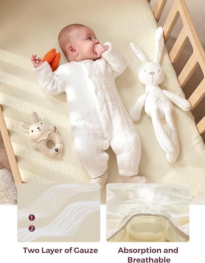 Momcozy Muslin Mini Crib Sheets Fitted - 38''x26'' Pack and Play Sheets for Pack N Play Mattress, 2 Pack Soft & Breathable Natural Cotton Non Slip Bed Cover for Boys, Girls, Bravery Giraffe