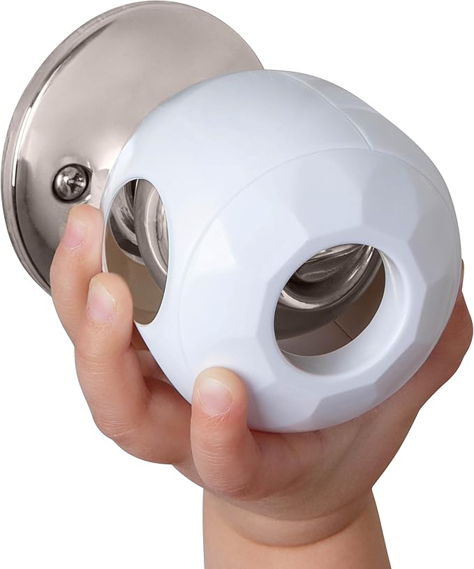 Baby Proofing Door Knob Covers 4 Pack - Easy to Install Child Safety Locks for Doors, Durable & Reusable Child Proof Door Lock, Dual-Lock & Versatile Design, Fits Round Doorknobs, White