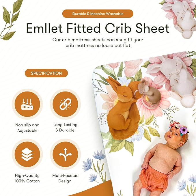 100% Cotton Fitted Crib Sheet, Forest Friends Woodland Animals Theme, Cozy Baby Nursery Bedding, Standard Size 52 x 28 in