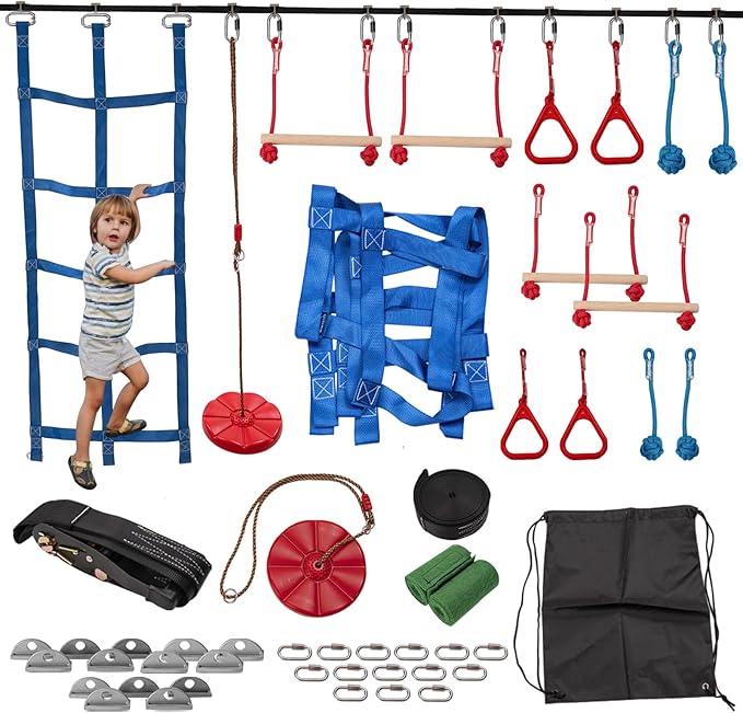 Slsy Ninja Warrior Obstacle Course for Kids, 50FT Durable Ninja Slackline Kit with 8 Accessories, Playset Equipment for Boys & Girls with Swing, Climbing Net, Ladder & Monkey Bars