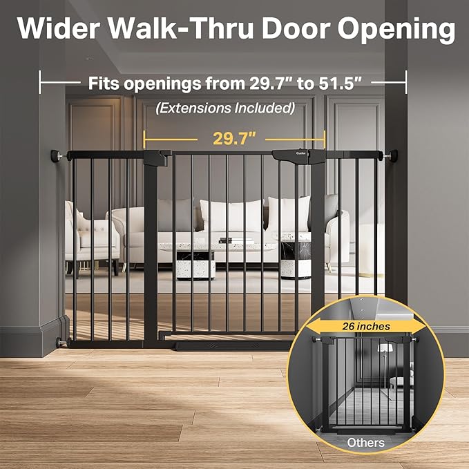 Cumbor 2 Pack 29.7"-51.5" Extra Wide Baby Gate for Stairs, Easy Wall Through Dog Gates for Doorways, Pressure Mounted Pet Gate Indoor, Safety Auto-Close Child Gate for Kids with 4 Wall Cups, Black