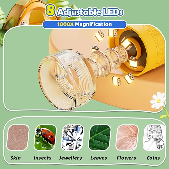 Microscope for Kids, 2'' Digital Handheld Kids Microscope with Adjustable Light, 1000X 1080P Pocket Portable Mini Micro Scope, Stem Toys for Ages 5-7 8-12 Teen Boys and Girls Educational Gifts, Orange