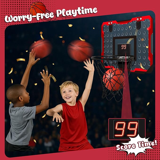 LovesTown Indoor Mini Basketball Hoop for Kids, Basketball Hoops Over The Door with LED Lighting, Mini Hoop with 4 Balls Electronic Scoreboard Toys, Sports Toys Gifts for Boys Girls