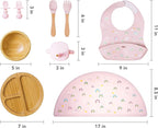 Bamboo Baby Feeding Set for Infants & Toddlers - Baby Essentials, Non-Toxic, Sustainable, Bamboo Suction Plate & Bowl, Bib, Sippy Cup w/Lid & Straw, Daily Use, Travel, Baby Shower Gifts (Pink)