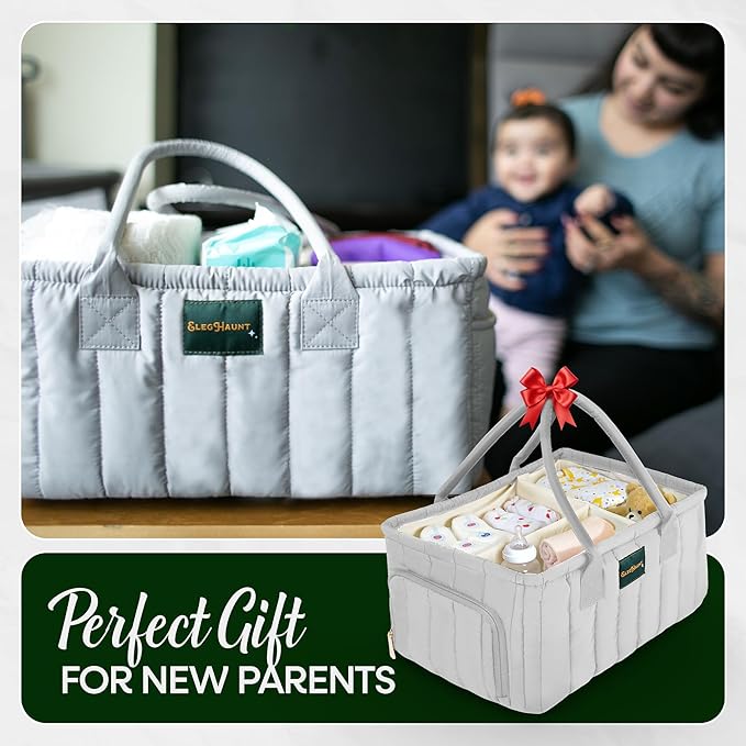 Large Diaper Caddy Organizer with Handle – Baby Basket for Nursery, Car, and Changing Table – Portable Baby Storage with Compartments – Perfect for New Parents and Baby Shower Gifts (Gray)