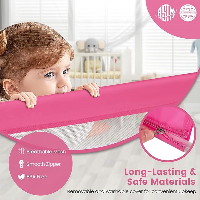 HONEY JOY Bed Rail for Toddlers, 71-in Extra Long, Portable Safety Bed Guardrail w/Double Safety Child Lock, Foldable Baby Bed Rail Guard, Fit King & Queen Full Twin Size Bed Mattress(Pink, Pack 1)