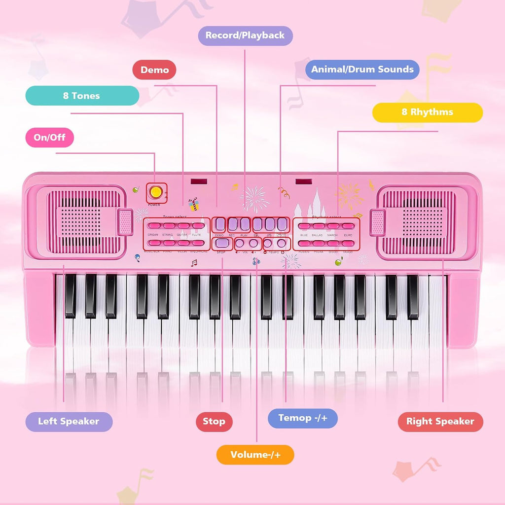 Kids Keyboard Piano, 37 Keys Keyboard Electric Digital Piano, Early Learning Educational Musical Toys Piano for Kids Toddlers Beginners with Music Stand, Microphone - Christmas Birthday Gifts, Pink