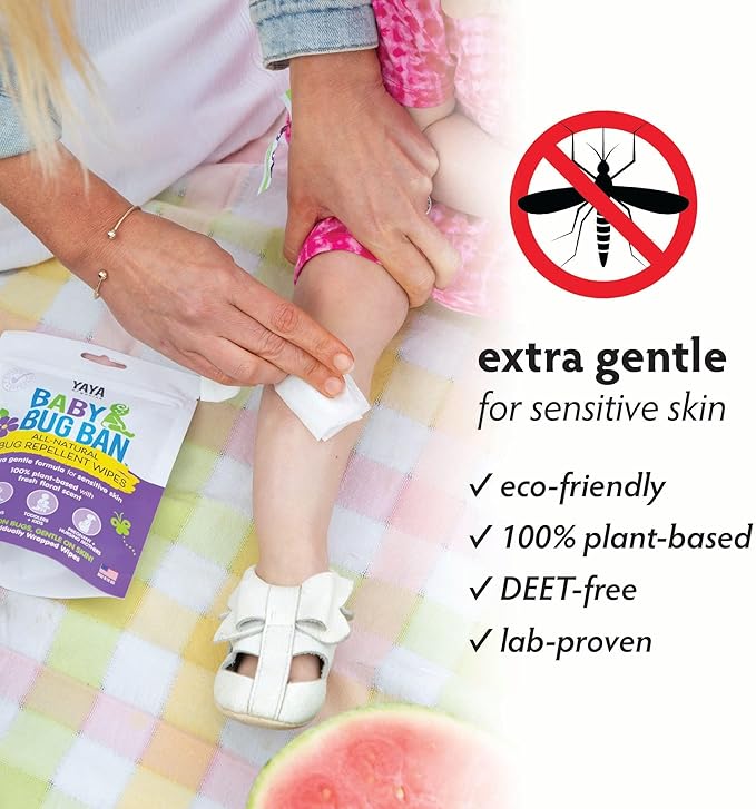 YAYA ORGANICS Baby Bug BAN Insect Repellent Wipes – All-Natural, DEET-Free, Non-Toxic, for Babies, Kids and Sensitive Skin (24 Count, Pack of 2)