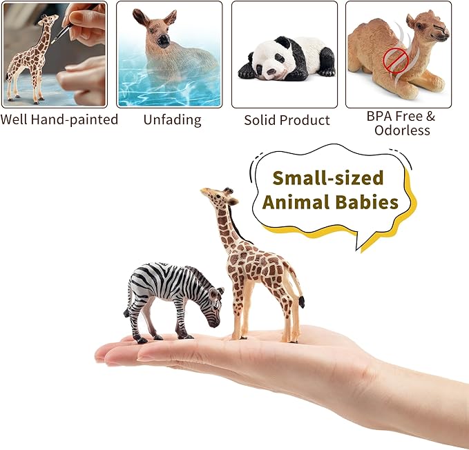 Toymany 12PCS Forest Animals Baby Figurines, Realistic Woodland Animals Figures Toys Includes Elephant, Mountain Lion, Giraffe and Deer Cubs, Cake Toppers Christmas Birthday Gift for Kids Toddlers