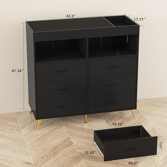 GarveeHome Dresser for Bedroom with 6 Drawers, Baby Changing Table Dresser with Changing Pad, LED Lights & Charging Station, Baby Changing Station with Changing Table Top (Black)