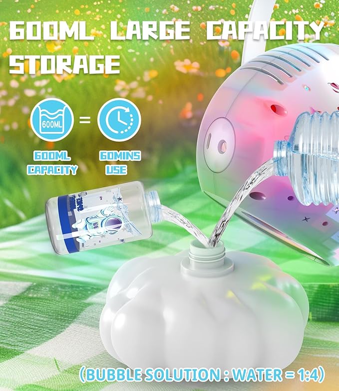 Rechargeable Bubble Machine, Bubble Maker for Kids with Colorful LED Light, Make Large Bubbles, 600mL Capacity - Outdoor Party Birthday Halloween Toys Gifts for Toddlers Ages 3+ Boys Girls