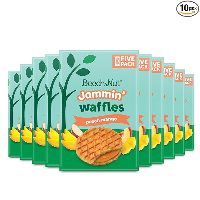 Beech-Nut Toddler Snacks Jammin' Waffles with Fruit Filling for Babies & Toddlers, Peach Mango, 10 Boxes (50 Individually Wrapped Packs)