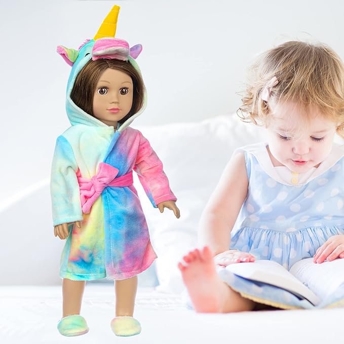 American 18 inch Doll Clothes and Sleeping Bag Set - Rainbow Unicorn Doll Costume with Unicorn Style Sleeping Bag, Pillow, Eye Mask Slumber Party Accessories